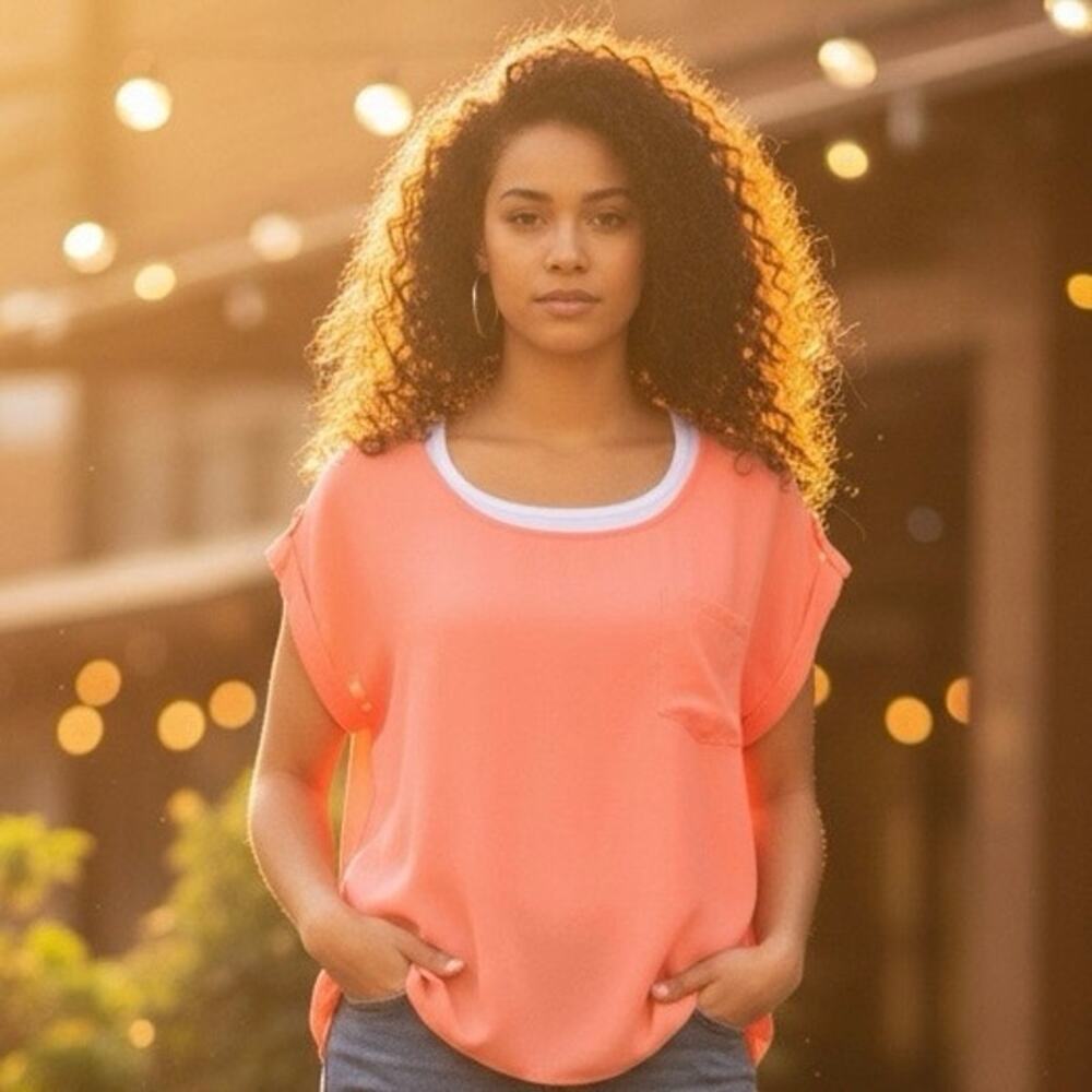 Pink Rose Semi Sheer Hi-low Coral Pink Button Back Top Sz L